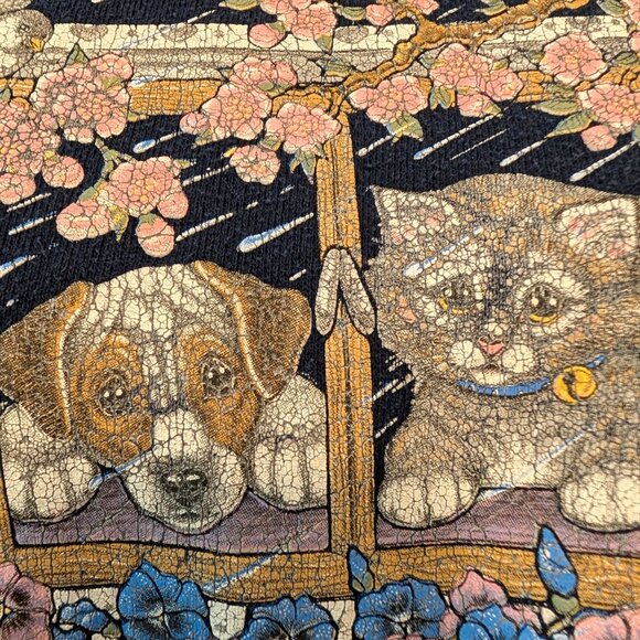 Vintage Morning Sun Unisex Size L Kitty Dog Cherry Blossoms Mock Sweatshirt Top - Picture 5 of 11